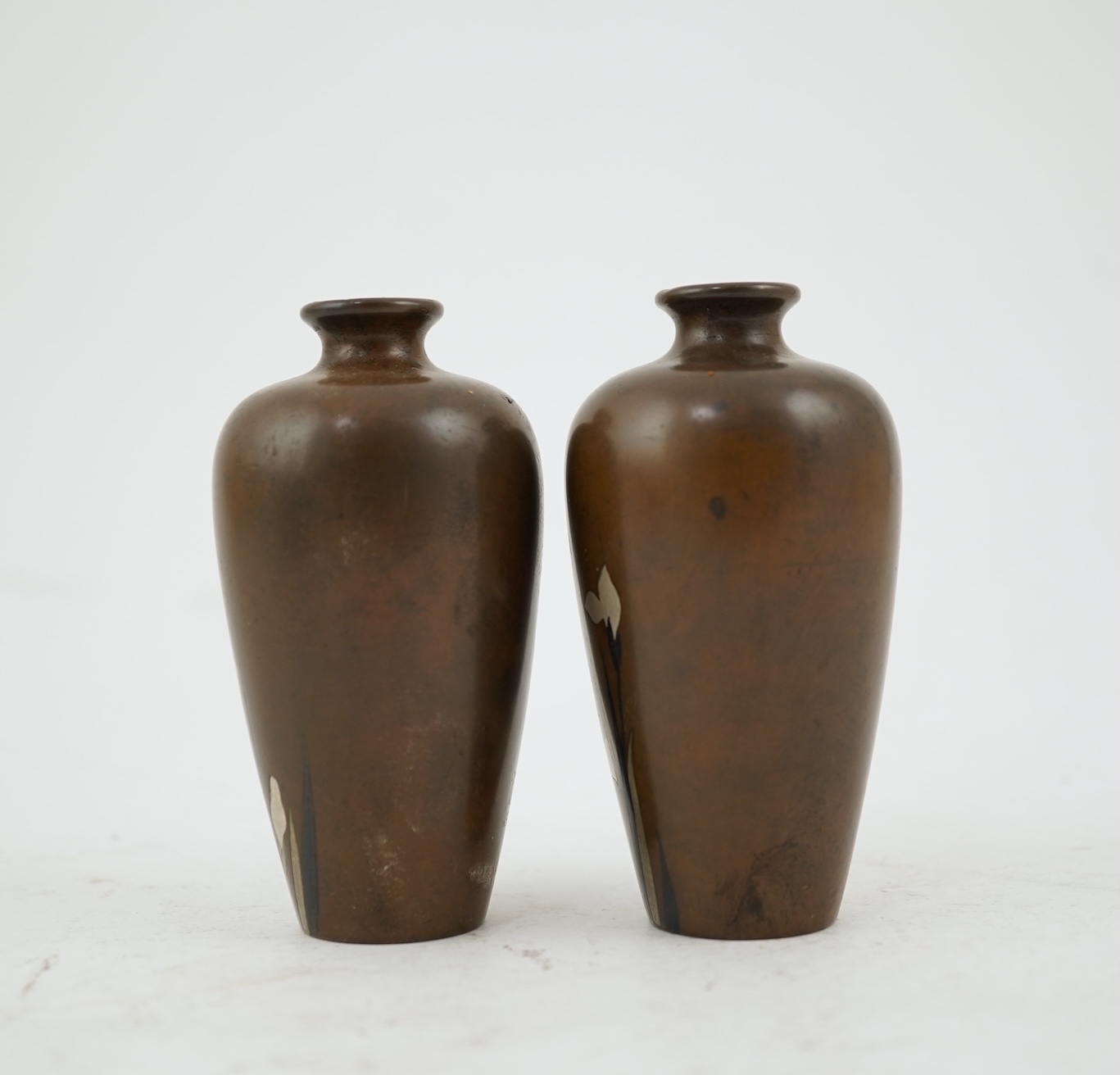 A pair of Japanese bronze and mixed metal miniature vases, by Noboru Nogawa, Meiji period